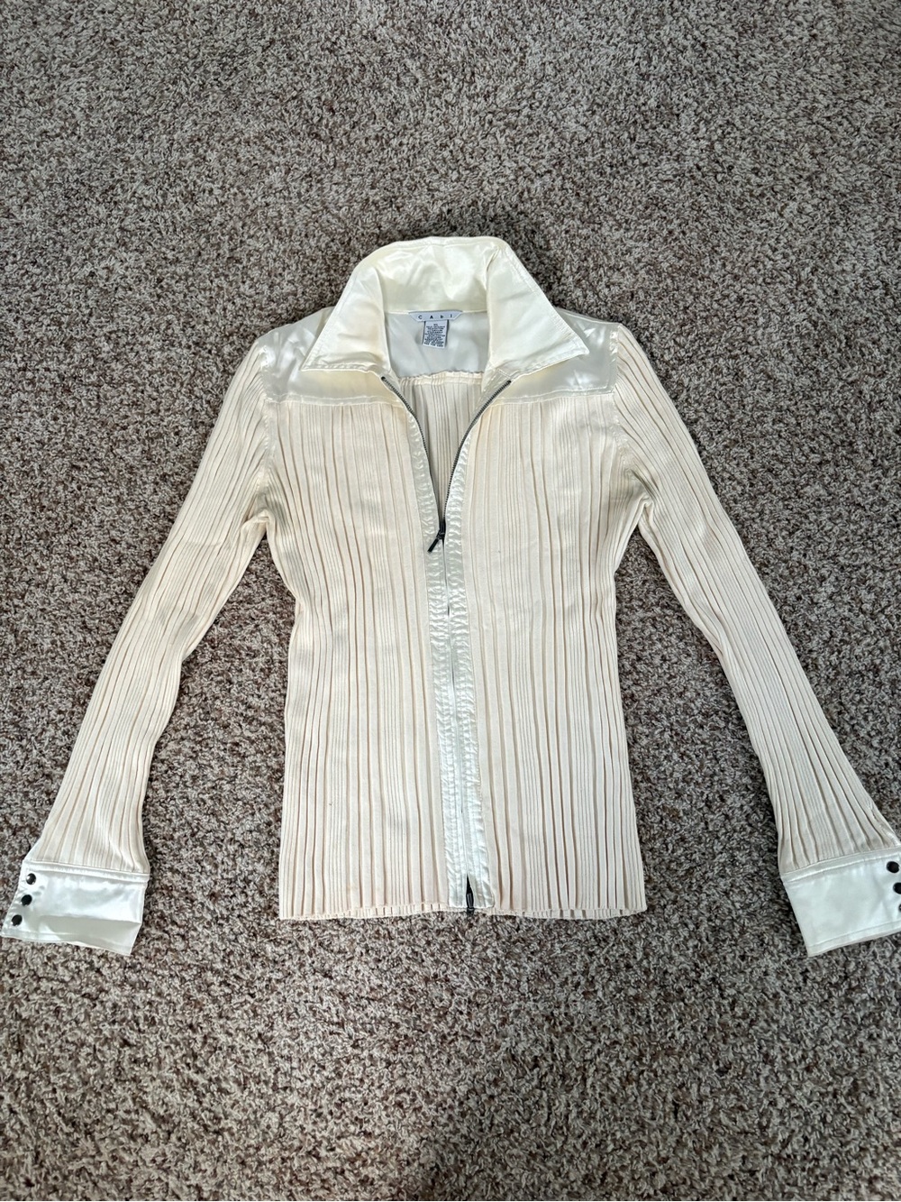 CAbi Cream Ribbed Zip-Front Jacket with Satin Trim